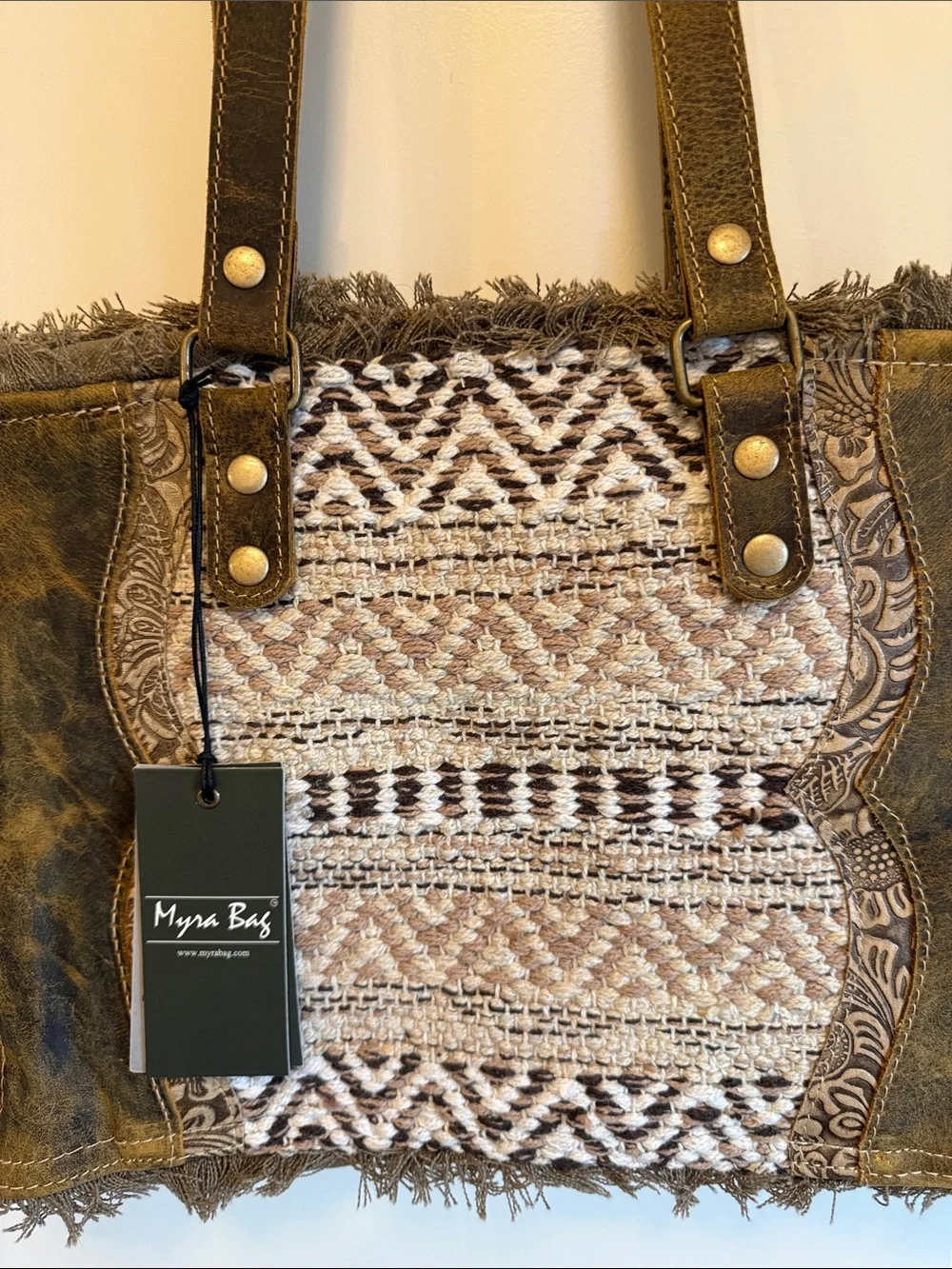 Myra Bag Brown & Cream Woven Tribal Tote - Picture 3 of 12
